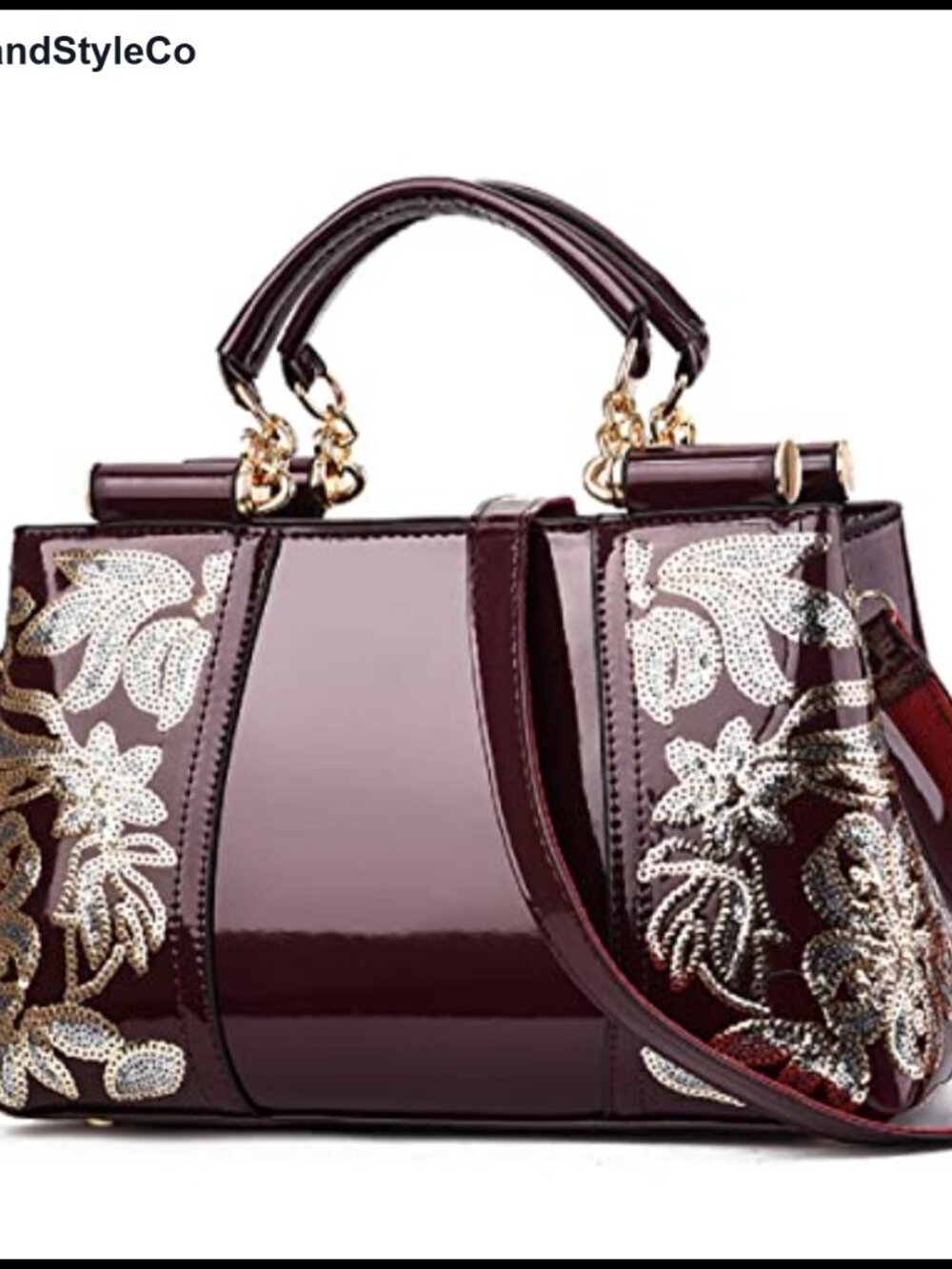 Patent Leather Embroidery Satchel Handbag Top Handle Gold Chain